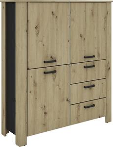 ByLIVING Highboard FARO / Vzhled dubu Artisan, černá horní deska / Vzhled s hroty / 3 dvířka a 3 zásuvky / Nastavitelné police / Spousta úložného prostoru / Příborník / Komoda / Rozměry: š 160, v 84, hl 40 cm