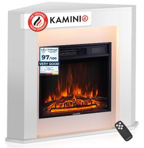KAMINIO Elektrický krb MATTI – Elektrický rohový krb s topením, 3D efektem plamenů, LED ambientním osvětlením, dálkovým ovládáním – rohový, bílý