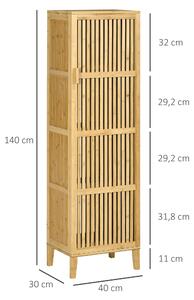 HOMCOM Bambusová skříňka na uskladnění se 4 úrovněmi a designem s lamelovými dveřmi pro koupelnu, ložnici a obývací pokoj 40 x 30 x 140 cm | Aosom