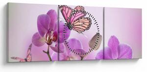 Obraz - Motýl na květech orchideje, lila (s hodinami) (90x30 cm)