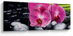 Obraz - Růžové orchideje s palmovým listem (s hodinami) (90x30 cm)