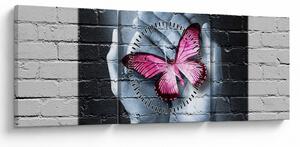 Obraz - Růžový motýl ve zdi (s hodinami) (90x30 cm)