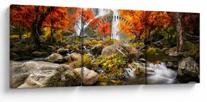 Obraz - Vodopády v podzimní krajině, oranžový (s hodinami) (90x30 cm)