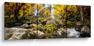 Obraz - Vodopády v podzimní krajině, žluté (s hodinami) (90x30 cm)