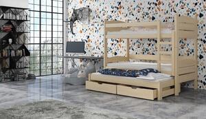 Dětská patrová postel z masivu borovice CYRIL s přistýlkou a šuplíky - 200x90 cm - PŘÍRODNÍ BOROVICE