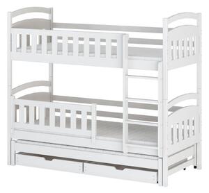 Dětská patrová postel z masivu BOHDANA s přistýlkou a šuplíky - 200x90 cm - BÍLÁ