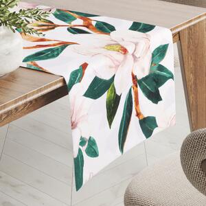 Biante Bavlněný běhoun na stůl Sandra SA-293 Magnolie se zelenými listy na bílém 20x120 cm
