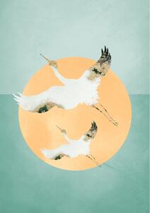 Ilustrace Mint Green Sun, Aureous Cranes