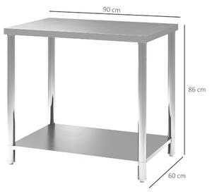 HOMCOM Pracovní stůl z nerezové oceli - Přípravný stůl do kuchyně se 2 policemi, Pracovní stůl do garáže, na zahradu, 90 x 60 x 86 cm, Stříbrný | Aoso