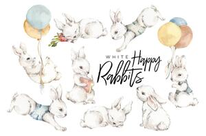 Sada 8 nástěnných samolepek Dekornik White Happy Rabbits
