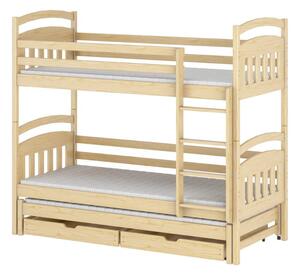 Dětská patrová postel z masivu borovice ALDA s přistýlkou a šuplíky - 200x90 cm - přírodní