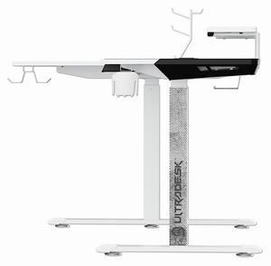 Herní stůl ULTRADESK WINGER – 111x155x60 cm, elektricky nastavitelná výška, RGB podsvícení, bílá