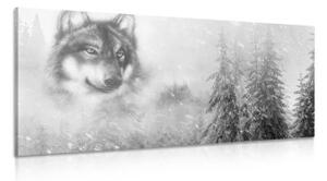 Obraz vlk v zasněžené krajině v černobílém provedení - 100x50 cm