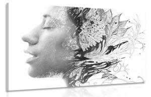 Obraz žena s malovanými květinami v černobílém provedení - 60x40 cm