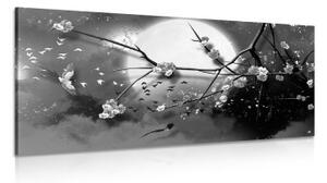 Obraz větve stromu za úplňku v černobílém provedení - 100x50 cm