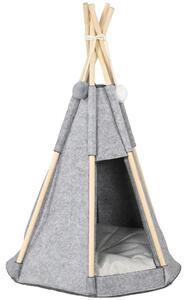 PawHut Pet Teepee Stan - Šedý teepee pro kočky nebo malé psy - silný polštář pro maximální komfort, 2 pompony v ceně - konstrukce z borového dřeva s p