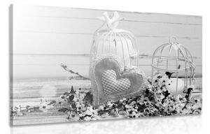 Obraz vintage srdíčko a lucerničky v černobílém provedení - 90x60 cm