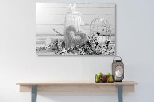 Obraz vintage srdíčko a lucerničky v černobílém provedení - 60x40 cm