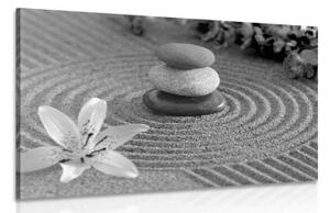 Obraz Zen zahrada a kameny v písku v černobílém provedení - 120x80 cm