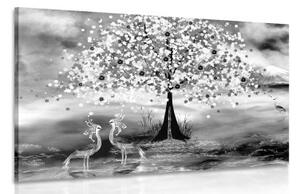Obraz volavky pod magickým stromem v černobílém provedení - 60x40 cm