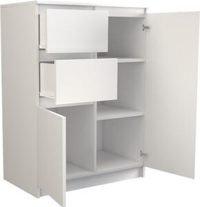 Komoda se 2 zásuvkami a 2 dvířky 70x97x40 cm (š/v/d) úzká v bílé barvě, příborník víceúčelová skříň Skříň do ložnice
