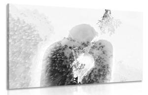 Obraz zamilovaný pár pod jmelím v černobílém provedení - 60x40 cm