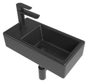 Koupelnový set levého závěsného umývátka Brevis 40,5 cm, pákové baterie, sifonu, průtočné zátky a roháčků v černé barvě KSETBRE2LBKM