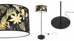Stojací lampa Gold Flowers, 1x černé textilní stínítko s květinovým vzorem, (fi 40cm)