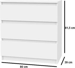 VBChome Komoda se 3 zásuvkami Bílá matná 80 x 39 x 81 cm Bezúchytková zásuvková komoda Dřevěná víceúčelová skříň Víceúčelová skříň do předsíně Ložnice Obývací pokoj Dětský pokoj Snadná montáž
