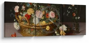 Obraz - Jan Brueghel the Elder, Flowers in a Basket and a Vase, reprodukce (s hodinami) (90x30 cm)