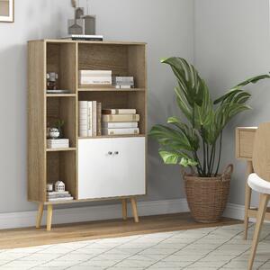 HOMCOM Knihovna v severském stylu z ořechového dřeva, rozměry 80L x 23,5W x 123H cm, 5 polic, skříňka s 2 dveřmi, zúžené nohy ze solidního borového dř