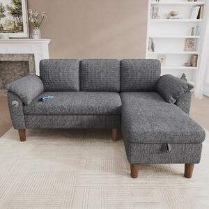 Rohová sedačka ve tvaru "L", třísedák, odkládací prostor, chaise longue, USB/Type-C port, boční kapsa, materiál: chenille (světlě šedá)