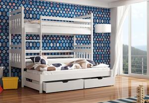 Dětská patrová postel z masivu borovice SEVERUS s přistýlkou a šuplíky - 200x90 cm - bílá
