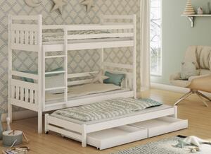 Dětská patrová postel z masivu borovice SEVERUS s přistýlkou a šuplíky - 200x90 cm - bílá