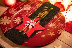 Vánoční obal na příbory - 6 ks - červené - hvězdička a vločka