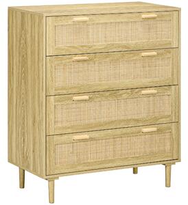 HOMCOM Komoda s 4 zásuvkami v boho stylu s ratanovým předním panelem, světle dřevěná, 90Š x 45H x 108,5V cm | Aosom