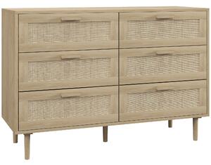 HOMCOM Skříňka s 6 zásuvkami a ratanovým předním panelem, rozměry 110 Š x 40 H x 75 V cm, vzhled světlého dřeva | Aosom