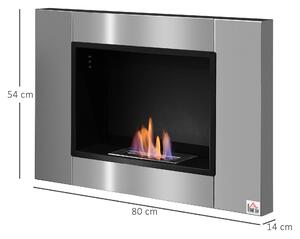 HOMCOM Nástěnný vestavěný biolíh krb s hořákem 0,9 L, 3hodinový čas hoření, rozměry 80L x 14W x 54H cm, pokrytí 25-30 m², nerezová ocel | Aosom