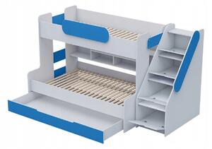 Dětská patrová postel s rozšířeným spodním lůžkem a šuplíkem SEGAN bílo-modrá - 200x90/120 cm