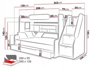 Dětská patrová postel s rozšířeným spodním lůžkem a šuplíkem SEGAN bílo-modrá - 200x90/120 cm