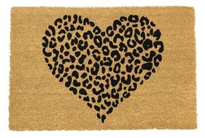 Černá rohožka z přírodního kokosového vlákna Artsy Doormats Leopard Heart, 40 x 60 cm