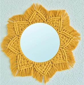 Žluté ručně vyráběné zrcadlo s trojúhelníkovými vzory z makramé Livava