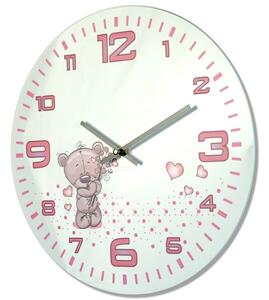 Bílé nástěnné hodiny pro děti s medvídkem a červeným ciferníkem