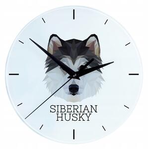 Sibiřský husky skleněné nástěnné hodiny s geometrickým psem