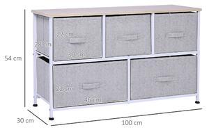 HOMCOM Komoda 100 x 30 x 54 cm s 5 Úložnými Šuplíky - Šedý Ocelový Rám, Bílá Světlá Dřevěná Deska | Aosom
