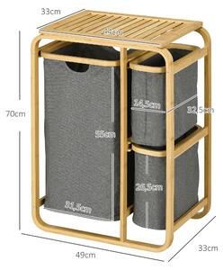 HOMCOM Bambusový koš na prádlo se 3 odnímatelnými a posuvnými textilními koši - 49L x 33W x 70H cm šedý | Aosom