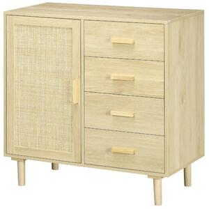Úložný kabinet HOMCOM z ratanu s dvířky z proutí a 4 zásuvkami, do jídelny, obývacího pokoje, ložnice, 80 x 38 x 80,5 cm, efekt přirozeného dřeva | Ao