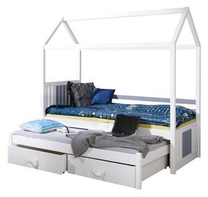 Dětská domečková postel z masivu borovice JONAS s přistýlkou a šuplíky - 200x90 cm - bílá/šedá