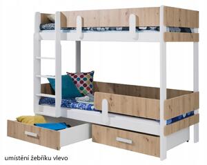 Dětská patrová postel z masivu borovice ETTORE se šuplíky - 200x90 cm - bílá/dub artisan