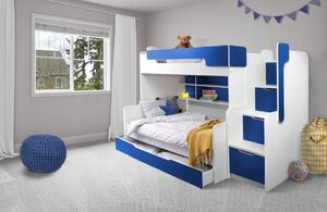 Dětská patrová postel s rozšířeným spodním lůžkem a šuplíkem HARRY bílo-modrá - 200x90/120 cm
